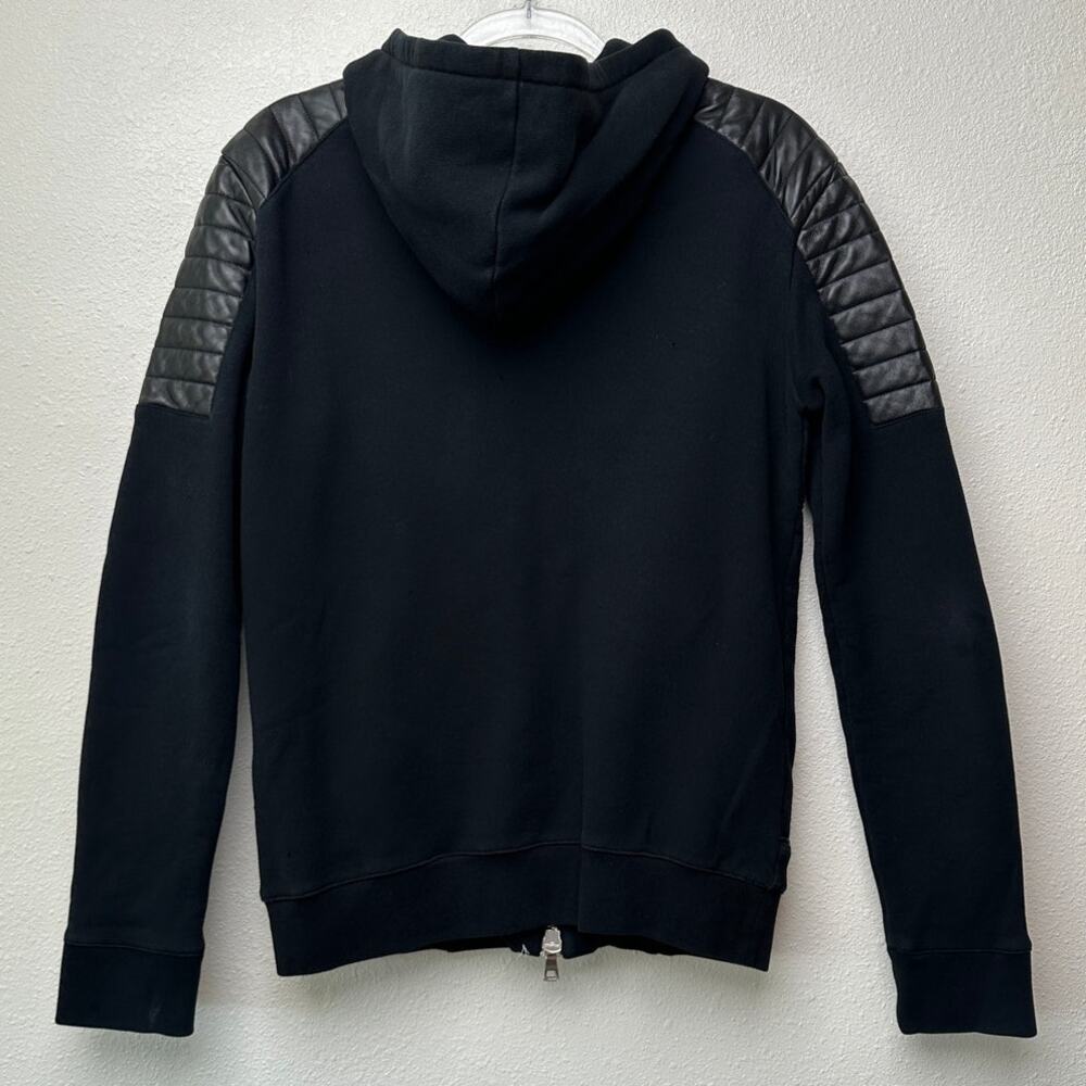 FUC Balmain Black Moto Hoodie Jacket Quilted Leather Shoulder Zip Sweatshirt M - Picture 5 of 15